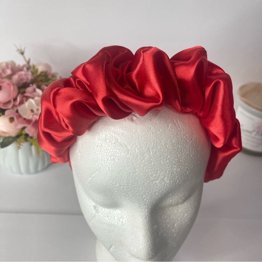 Red Satin Headband wrap scrunched For Women Pleated design - Picture 6 of 10